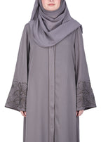 BeingMuslims Grey Abaya Delicate Beads Embroidery in Large Floral Motifs