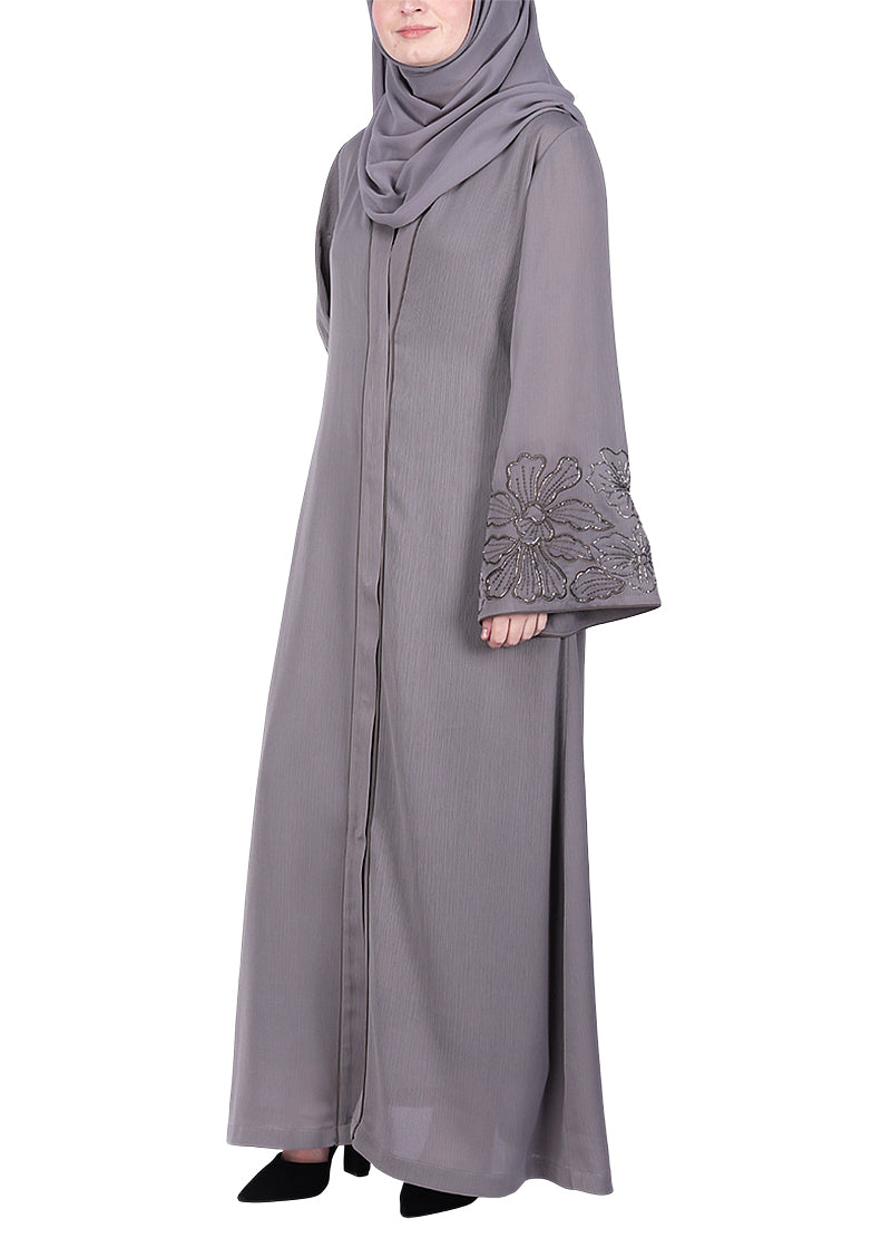 BeingMuslims Grey Abaya Delicate Beads Embroidery in Large Floral Motifs