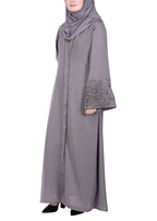 BeingMuslims Grey Abaya Delicate Beads Embroidery in Large Floral Motifs