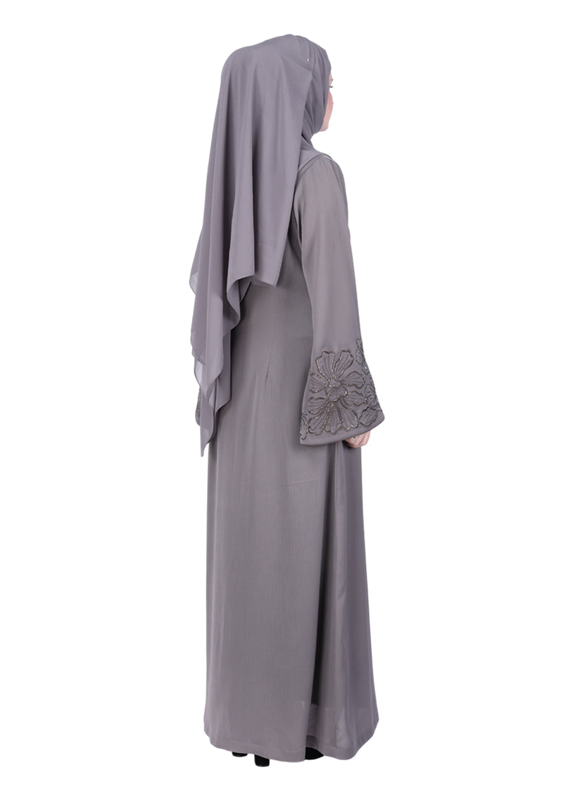 BeingMuslims Grey Abaya Delicate Beads Embroidery in Large Floral Motifs