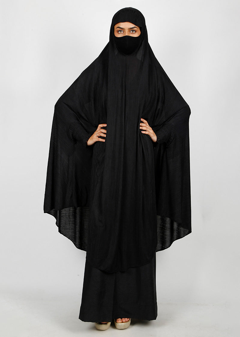 BeingMuslims Knee Length Jersey Khimar with sleeves in Black