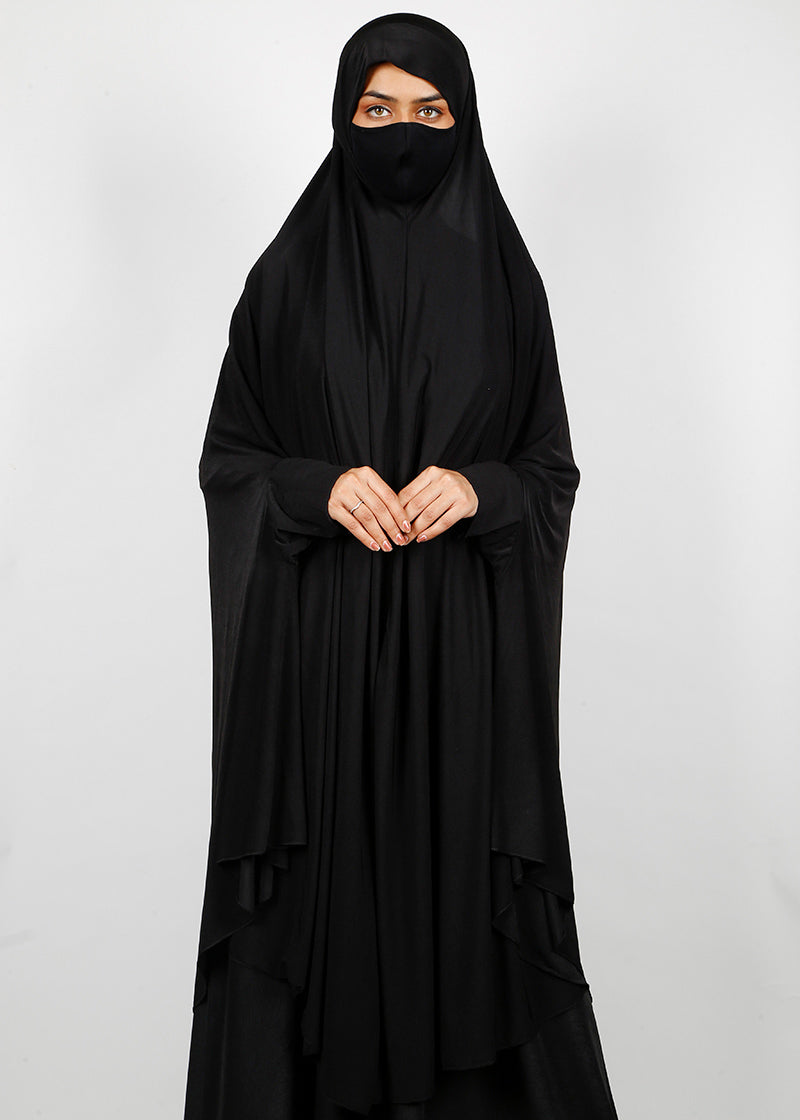 BeingMuslims Knee Length Jersey Khimar with sleeves in Rich Black