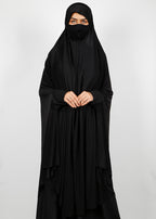 BeingMuslims Knee Length Jersey Khimar with sleeves in Rich Black