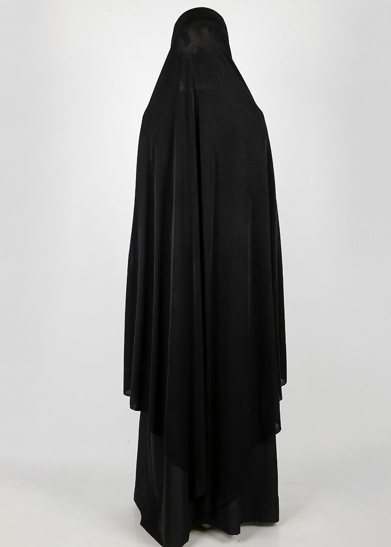 BeingMuslims Knee Length Jersey Khimar with sleeves in Rich Black