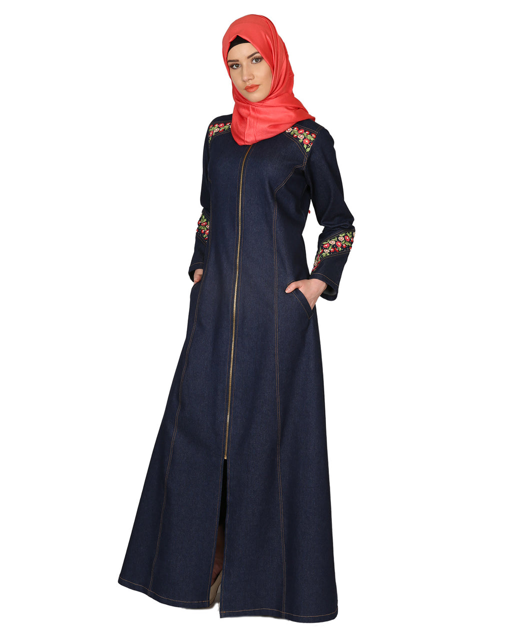 Denim Coat-Abaya With Pretty Hand-Embroidery