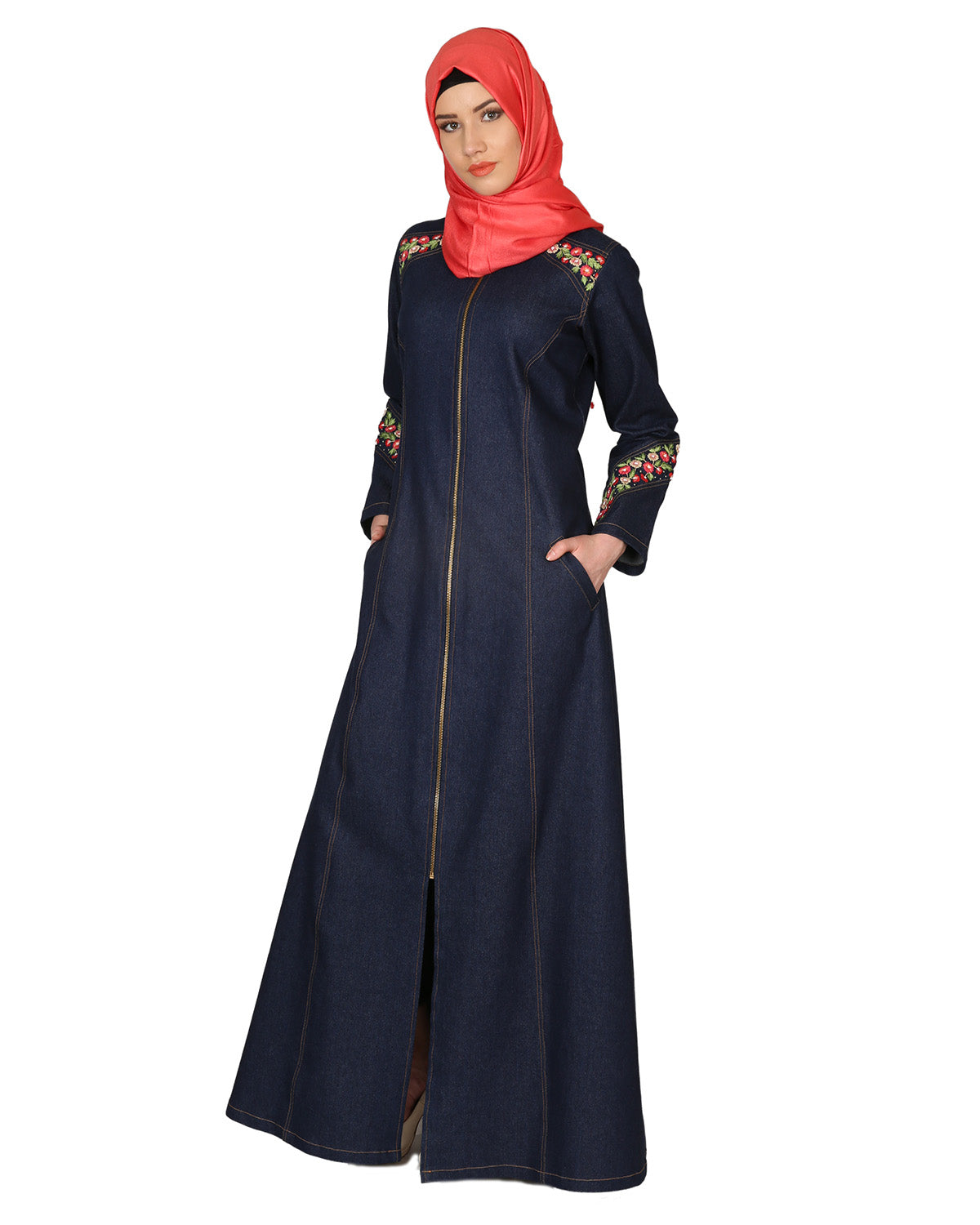 Denim Coat-Abaya With Pretty Hand-Embroidery