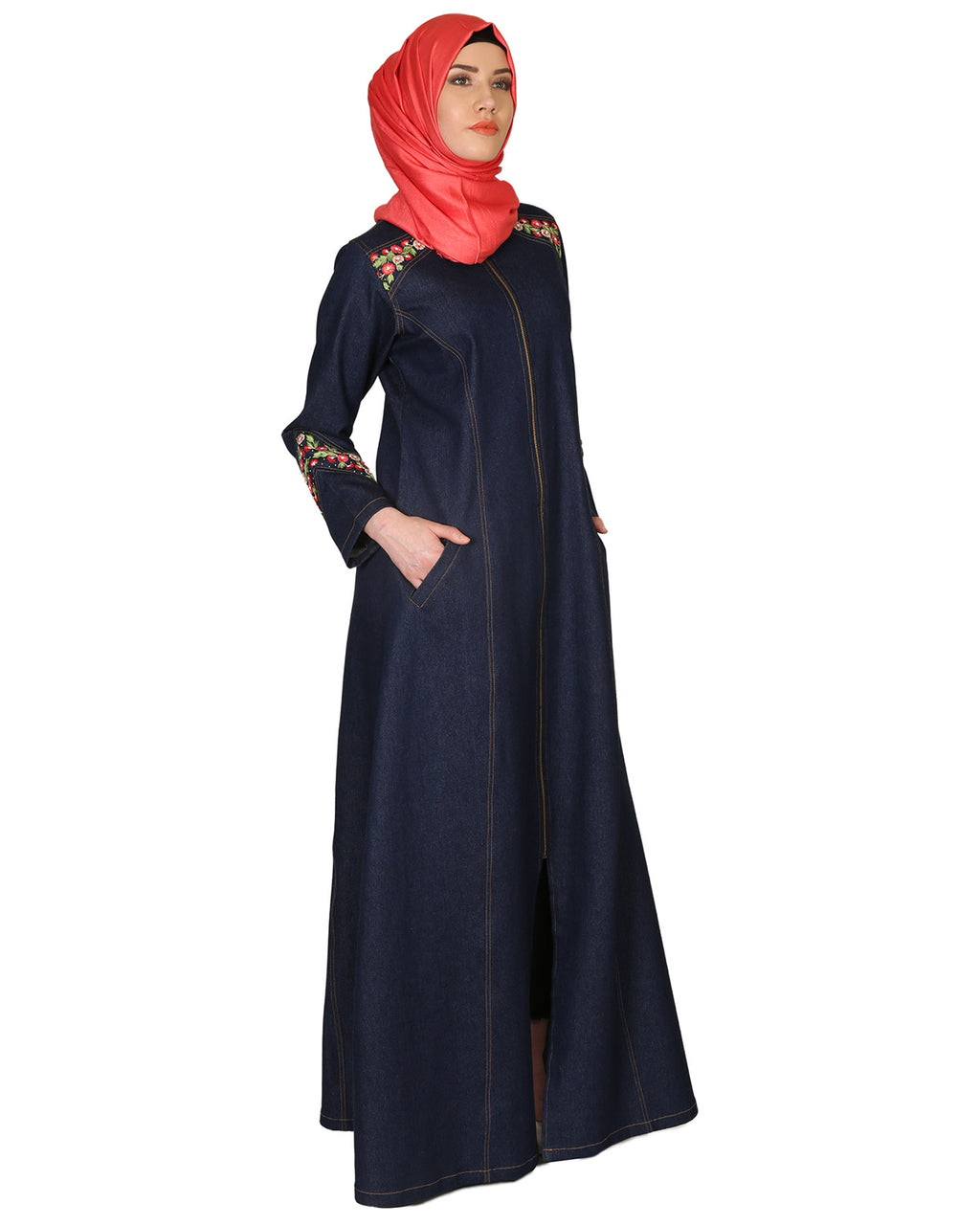 Denim Coat-Abaya With Pretty Hand-Embroidery