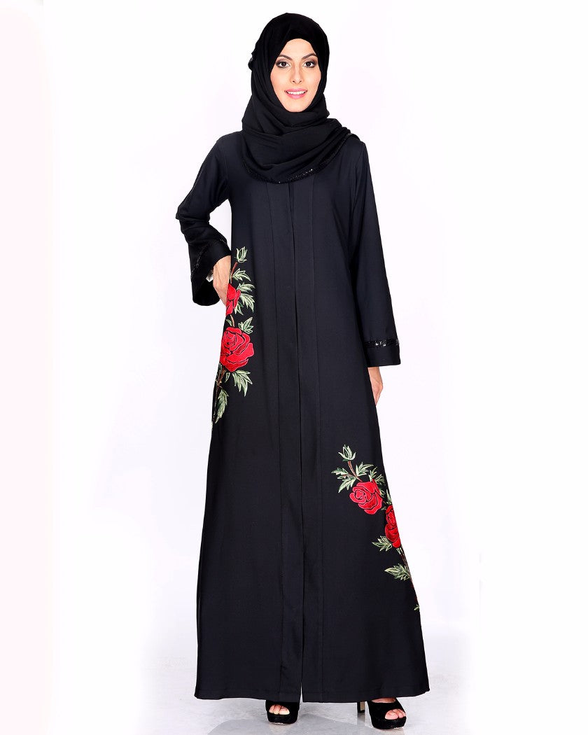 Elegant Silk-Thread Rose Embroidered Abaya