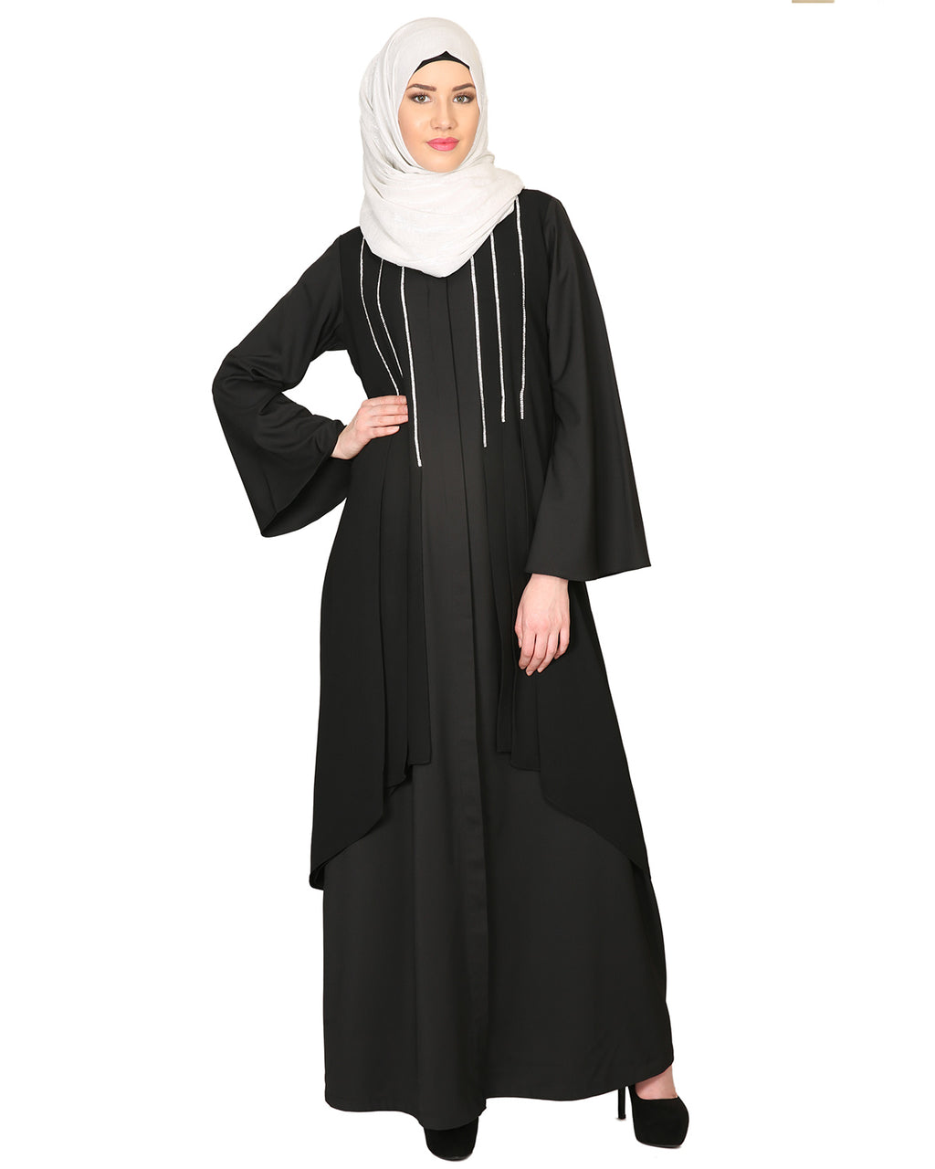 Double Layered With Crystal Embellished Yoke Abaya