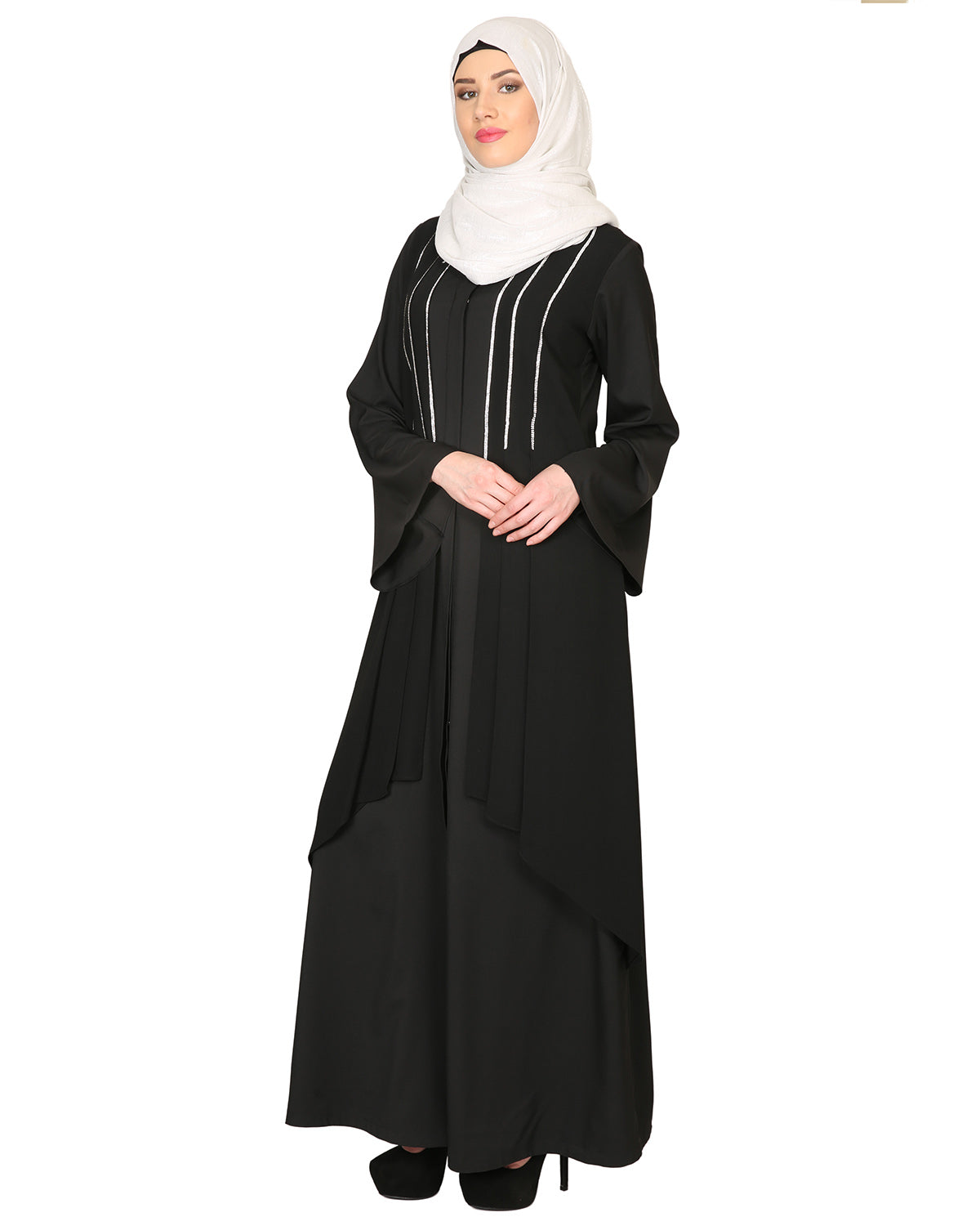 Double Layered With Crystal Embellished Yoke Abaya