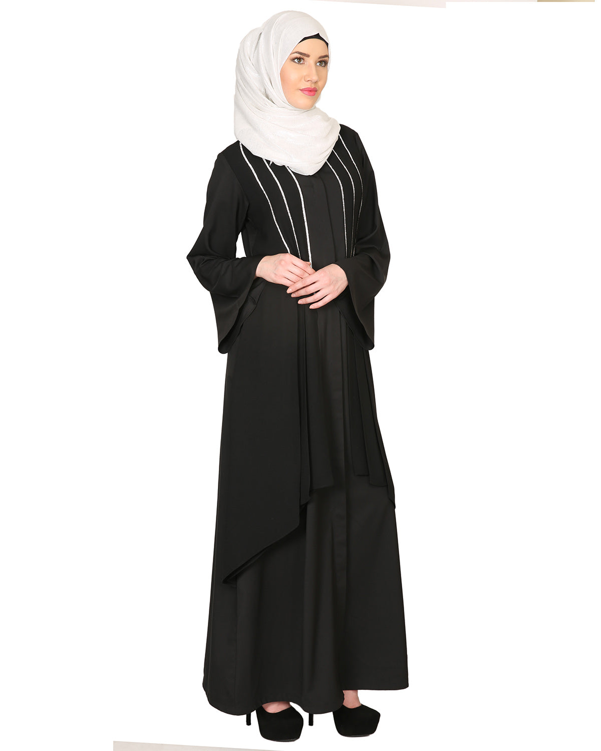 Double Layered With Crystal Embellished Yoke Abaya