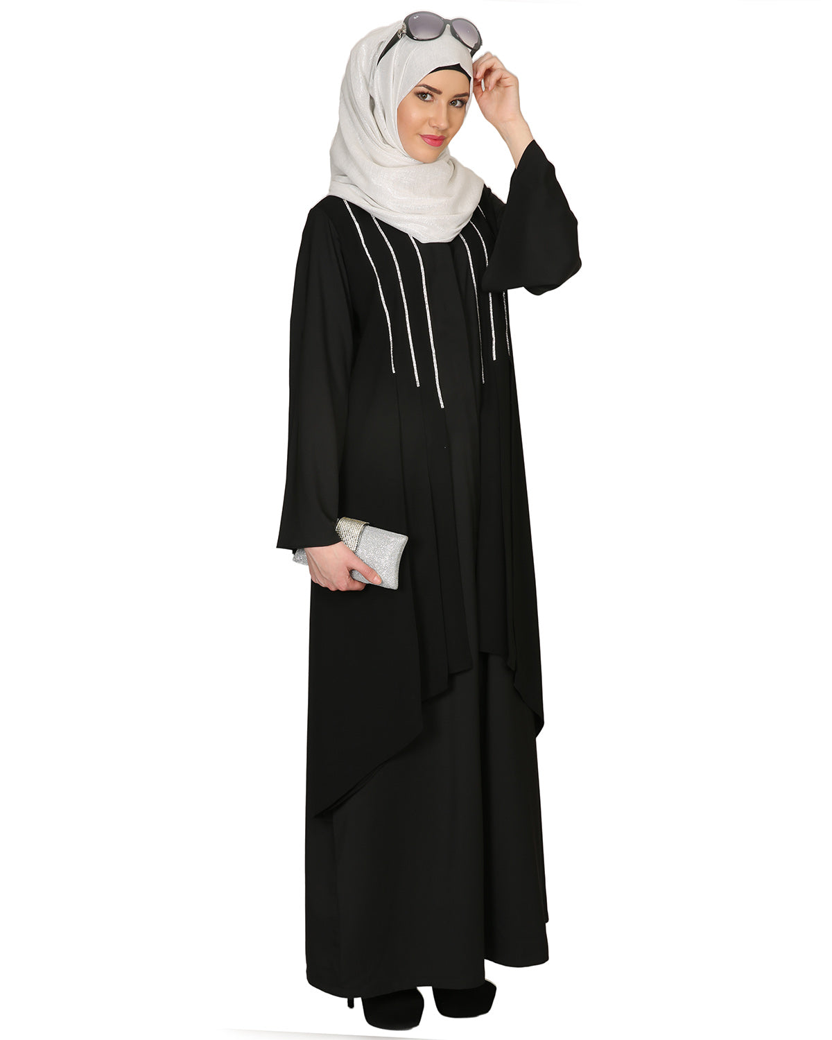 Double Layered With Crystal Embellished Yoke Abaya