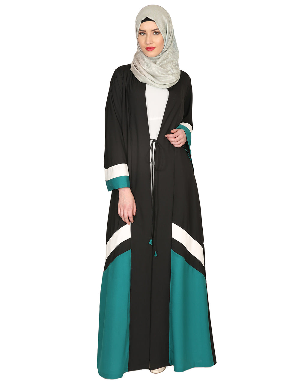 Black Green & White Open Abaya