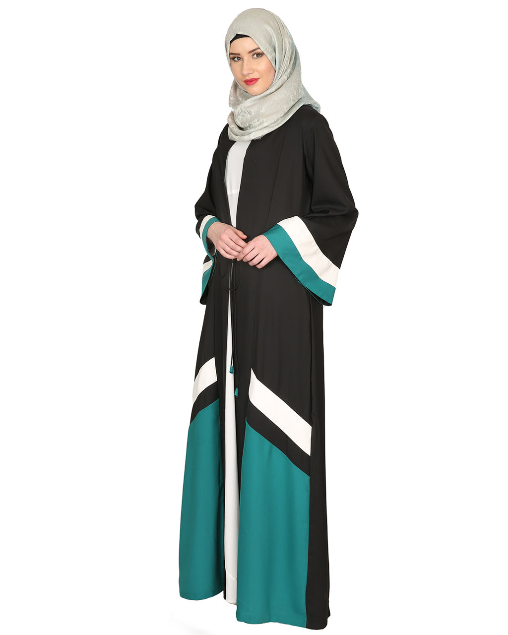 Black Green & White Open Abaya