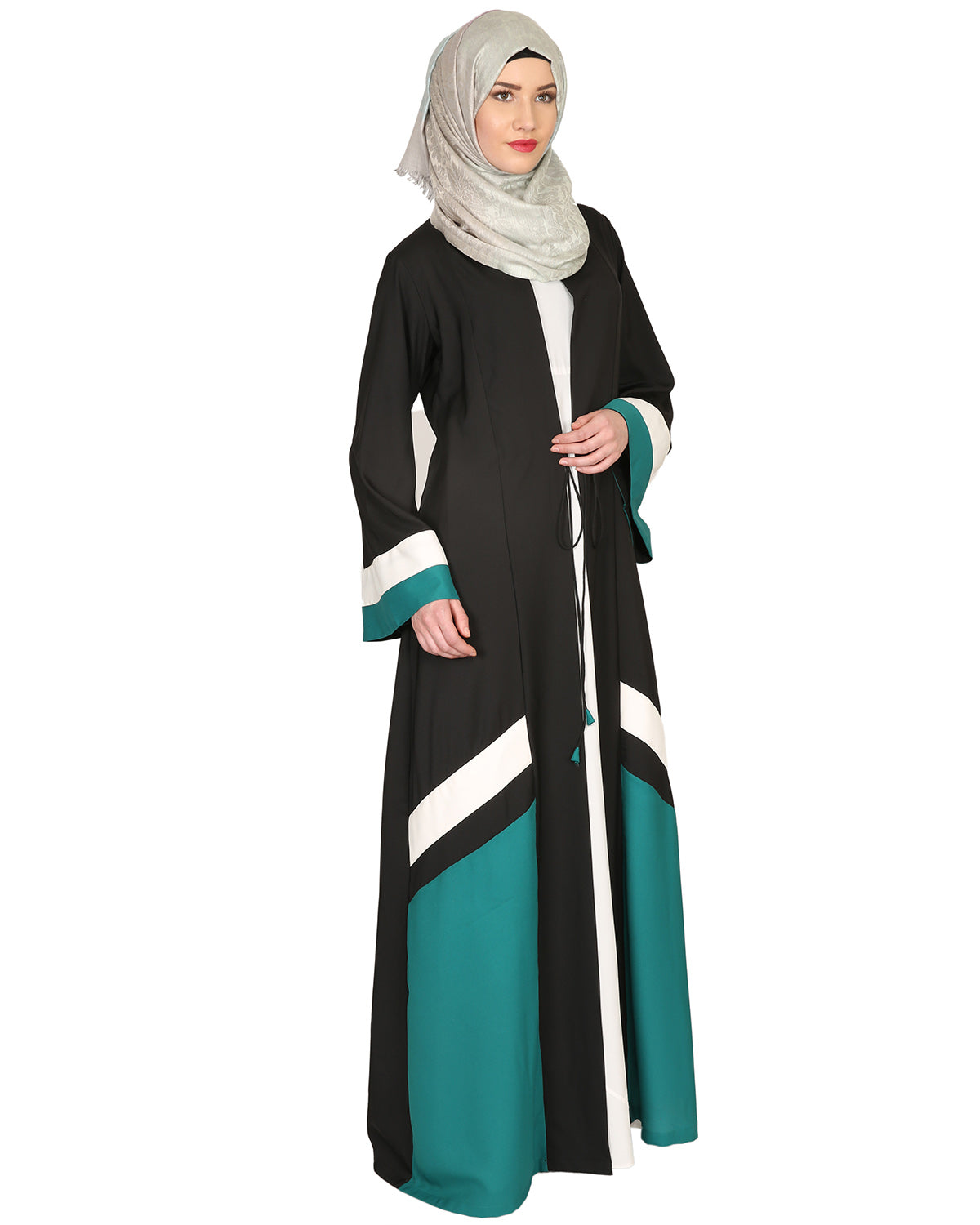 Black Green & White Open Abaya