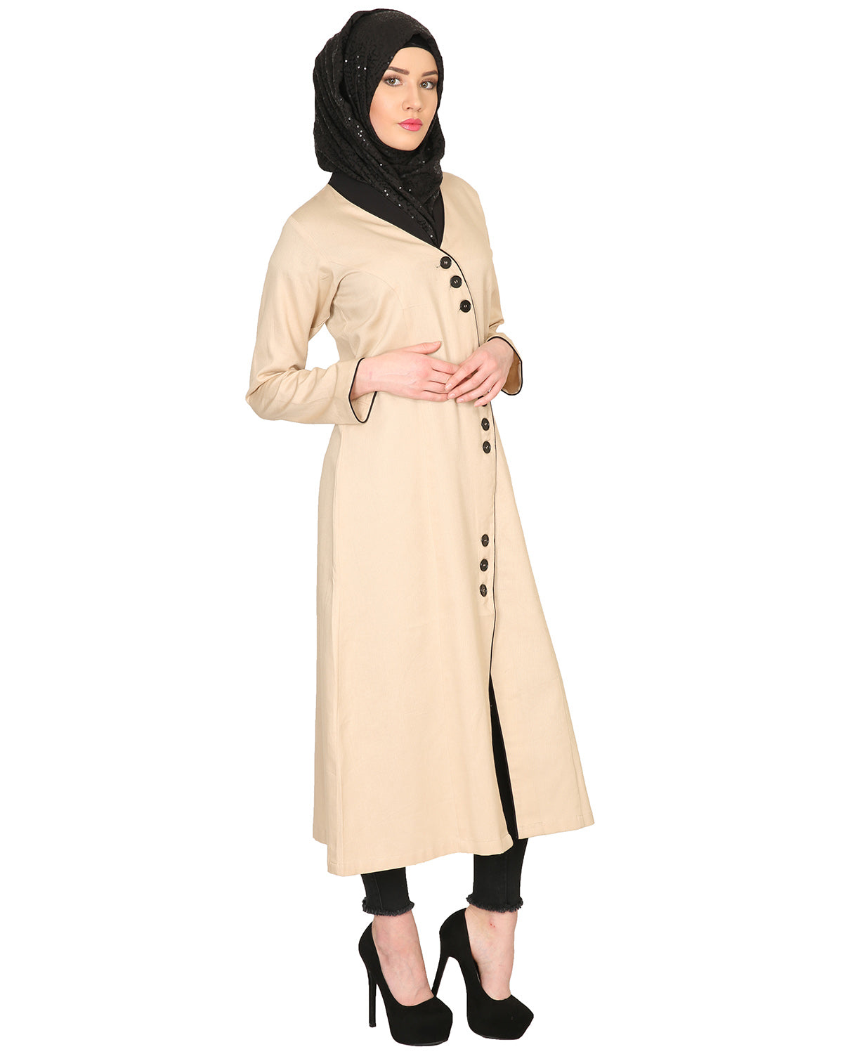 Mid-Calf Coat Style Abaya with Black Detailing