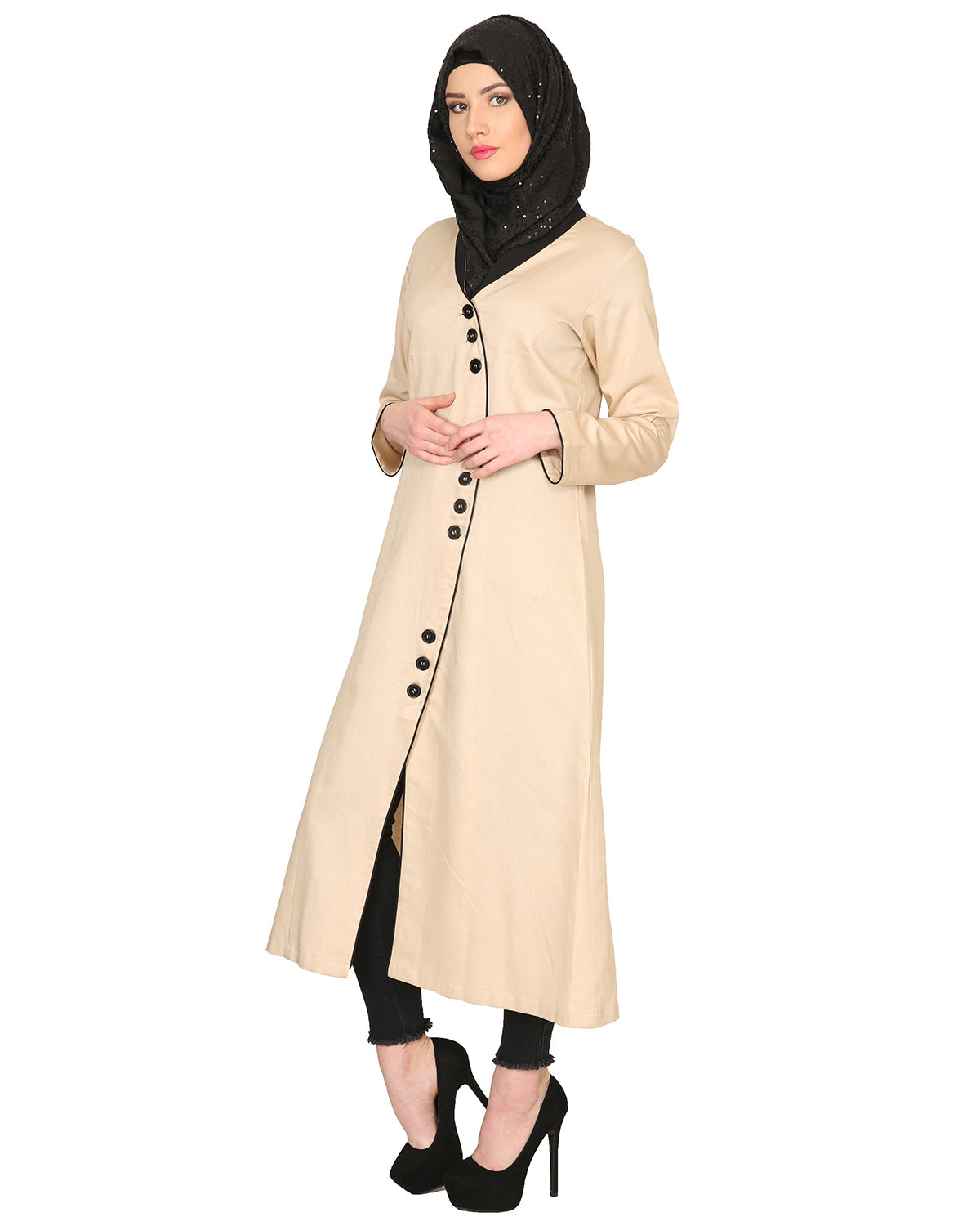 Mid-Calf Coat Style Abaya with Black Detailing