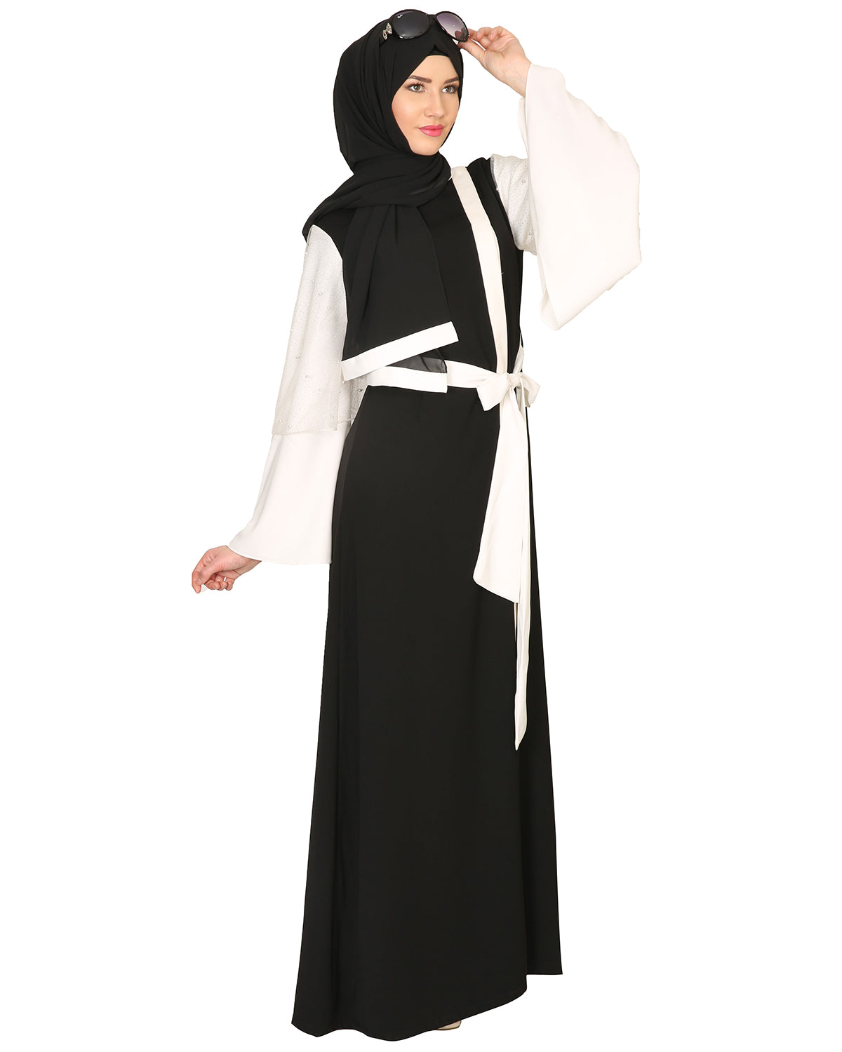 Double Layered Pearl Embellished Sleeves Abaya