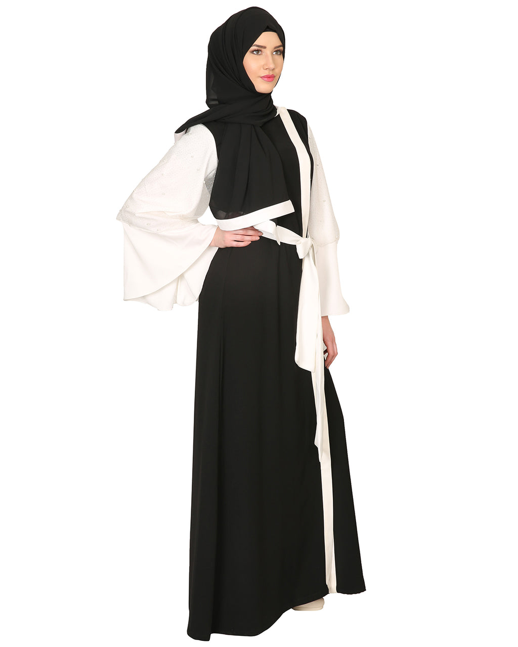 Double Layered Pearl Embellished Sleeves Abaya