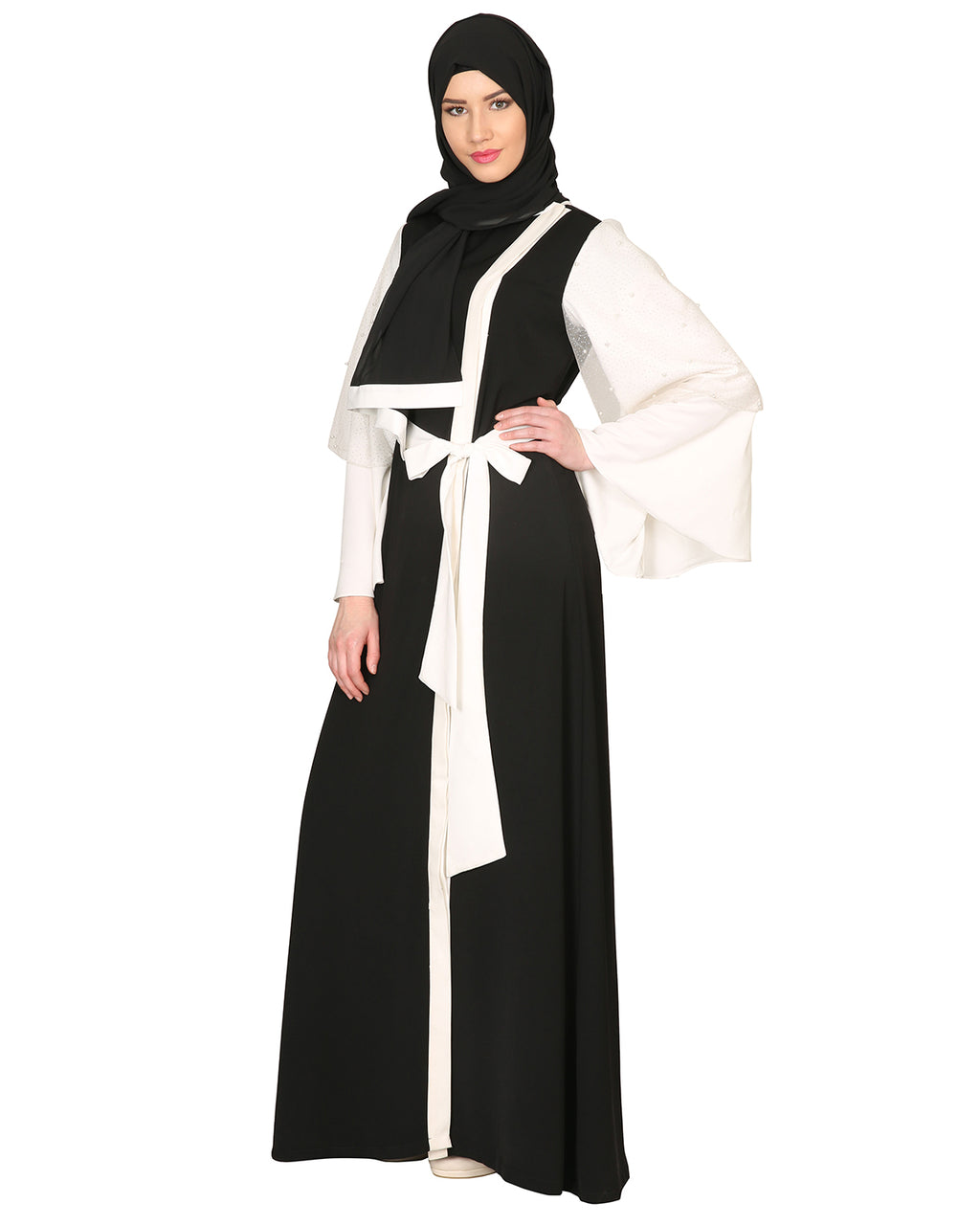 Double Layered Pearl Embellished Sleeves Abaya