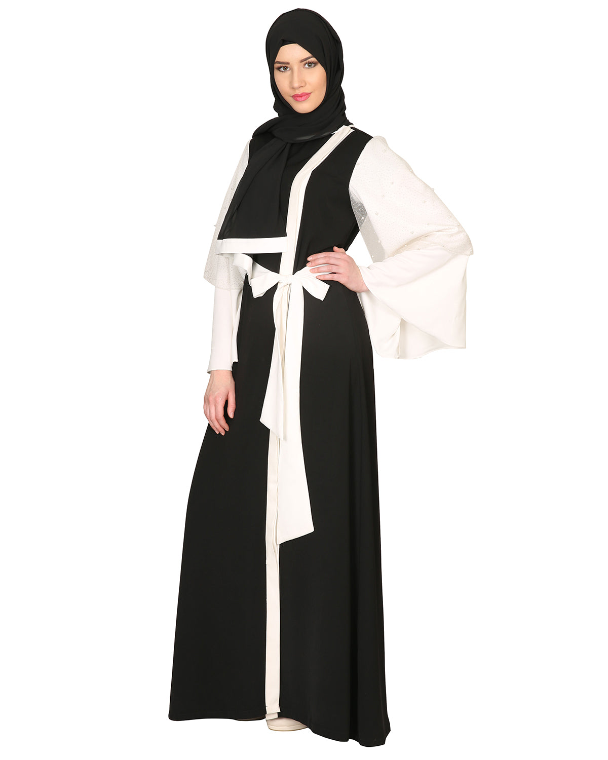 Double Layered Pearl Embellished Sleeves Abaya