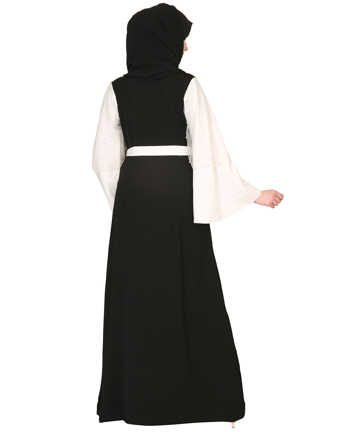 Double Layered Pearl Embellished Sleeves Abaya