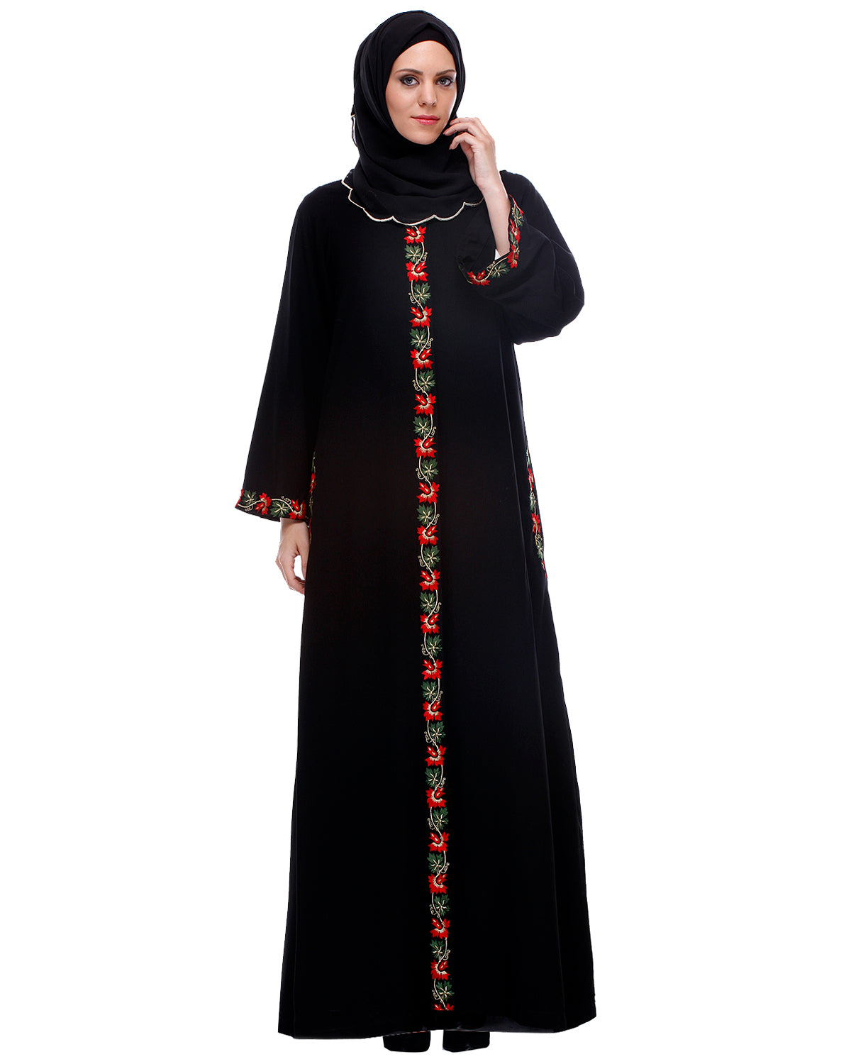 Black Abaya With Multi Coloured Thread Embroidery
