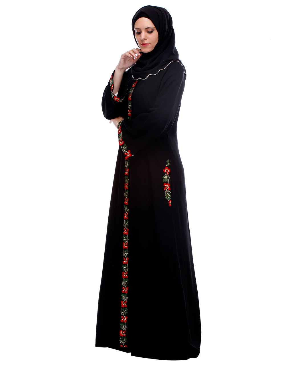Black Abaya With Multi Coloured Thread Embroidery