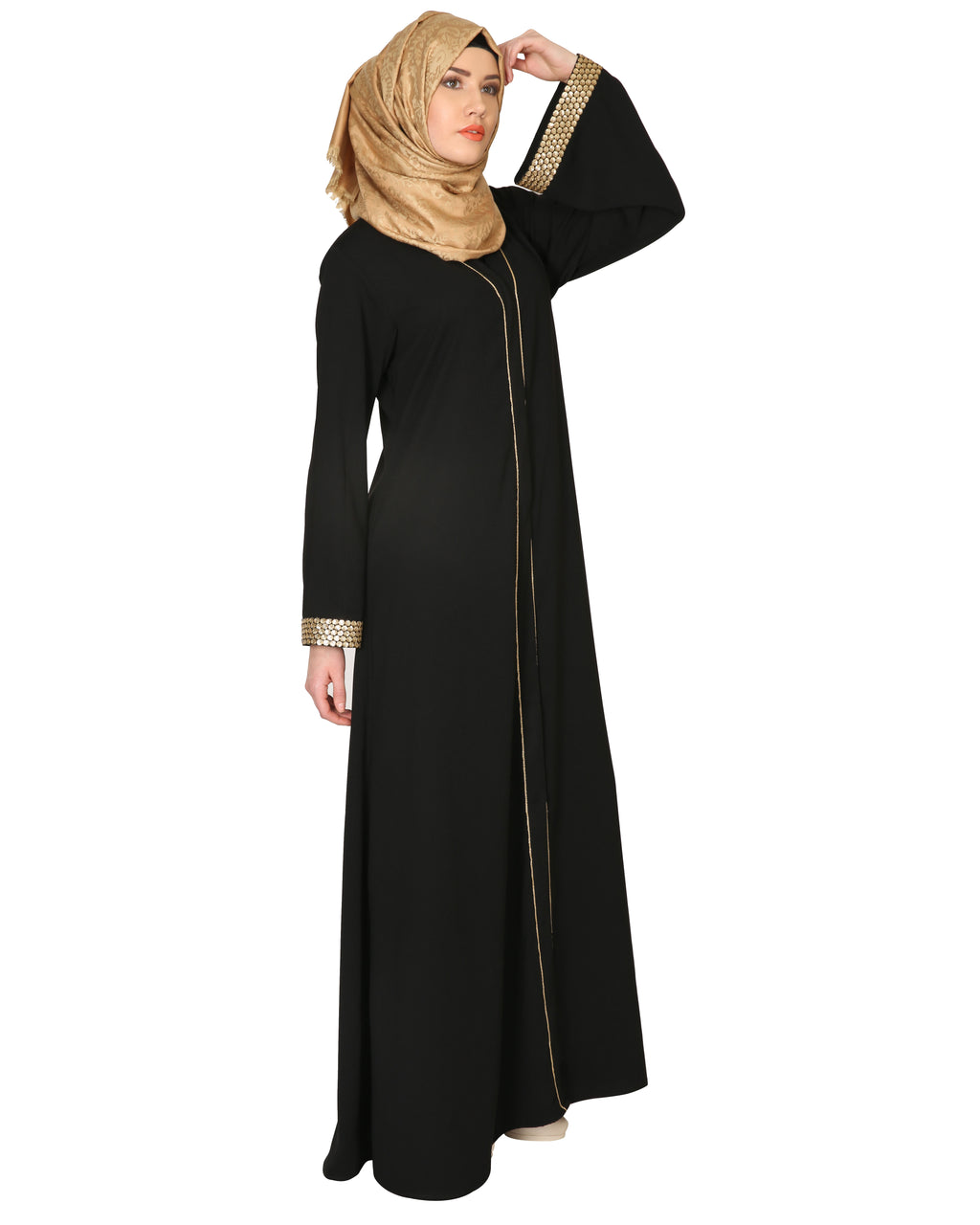 Black Abaya With Gold Sequins Trimming