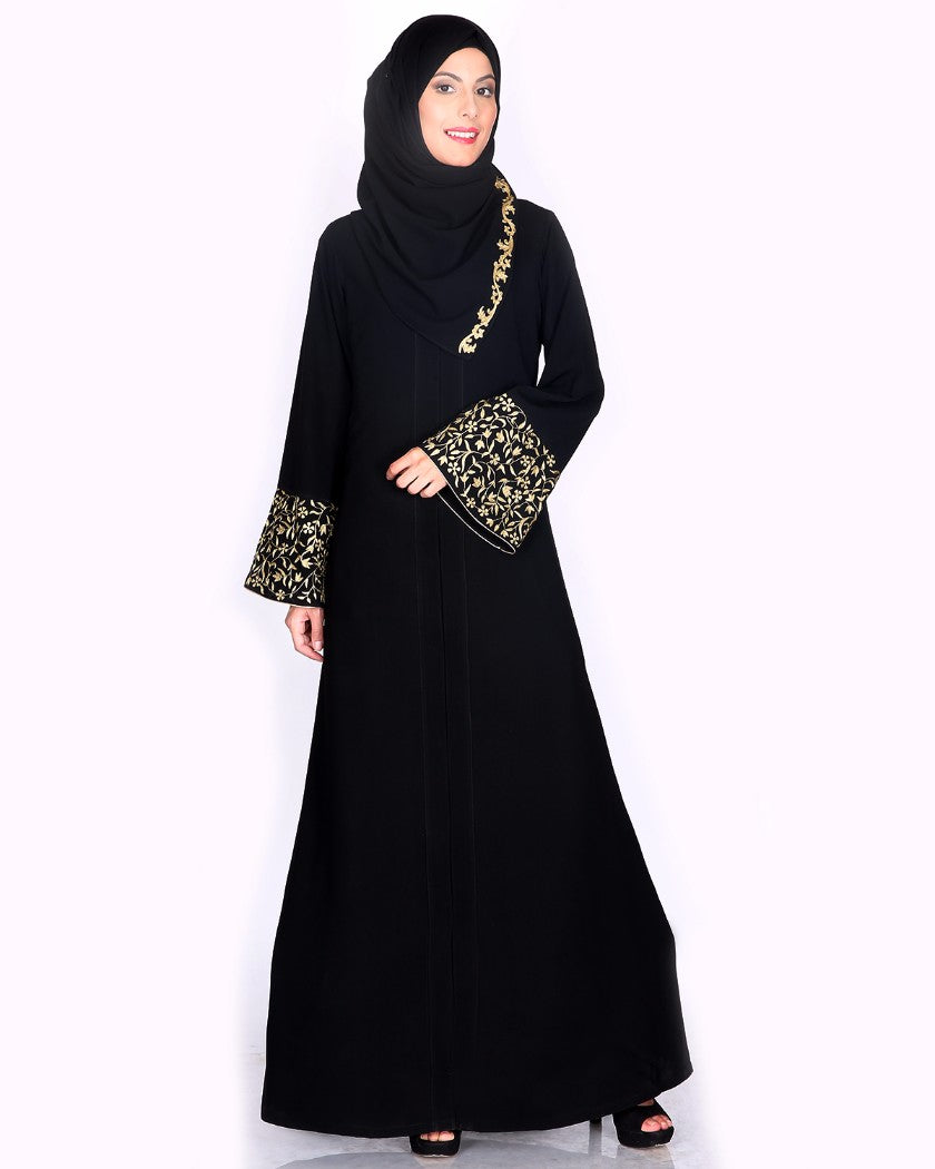 Black Abaya With Gold Zari Designer Embroidered Bell Sleeve