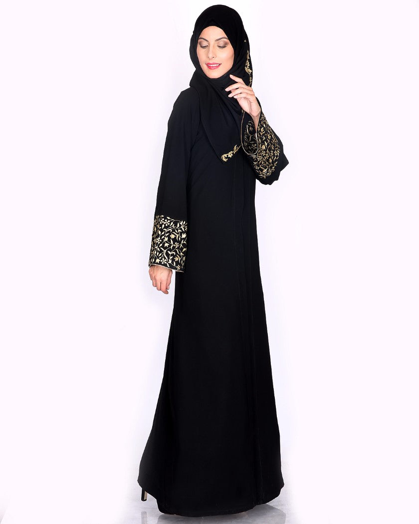 Black Abaya With Gold Zari Designer Embroidered Bell Sleeve