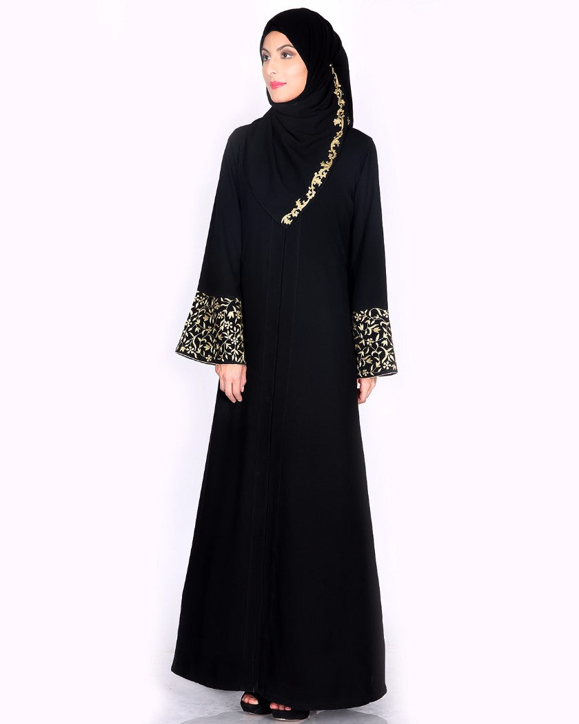Black Abaya With Gold Zari Designer Embroidered Bell Sleeve