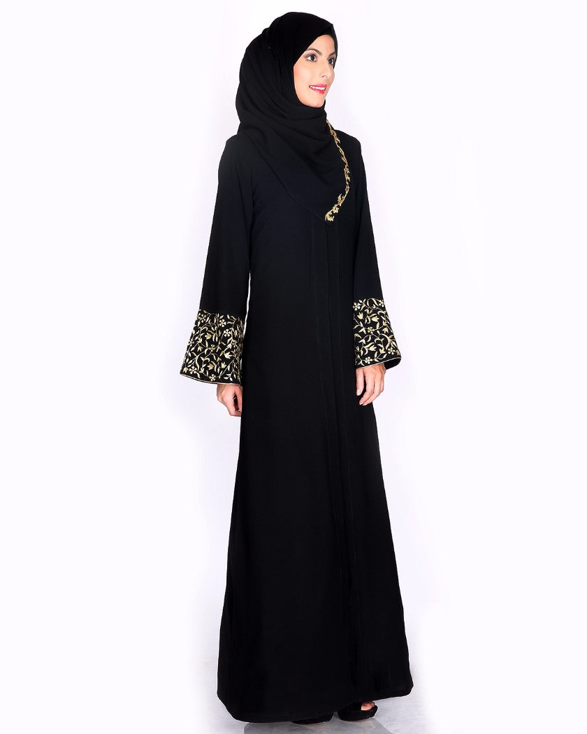 Black Abaya With Gold Zari Designer Embroidered Bell Sleeve