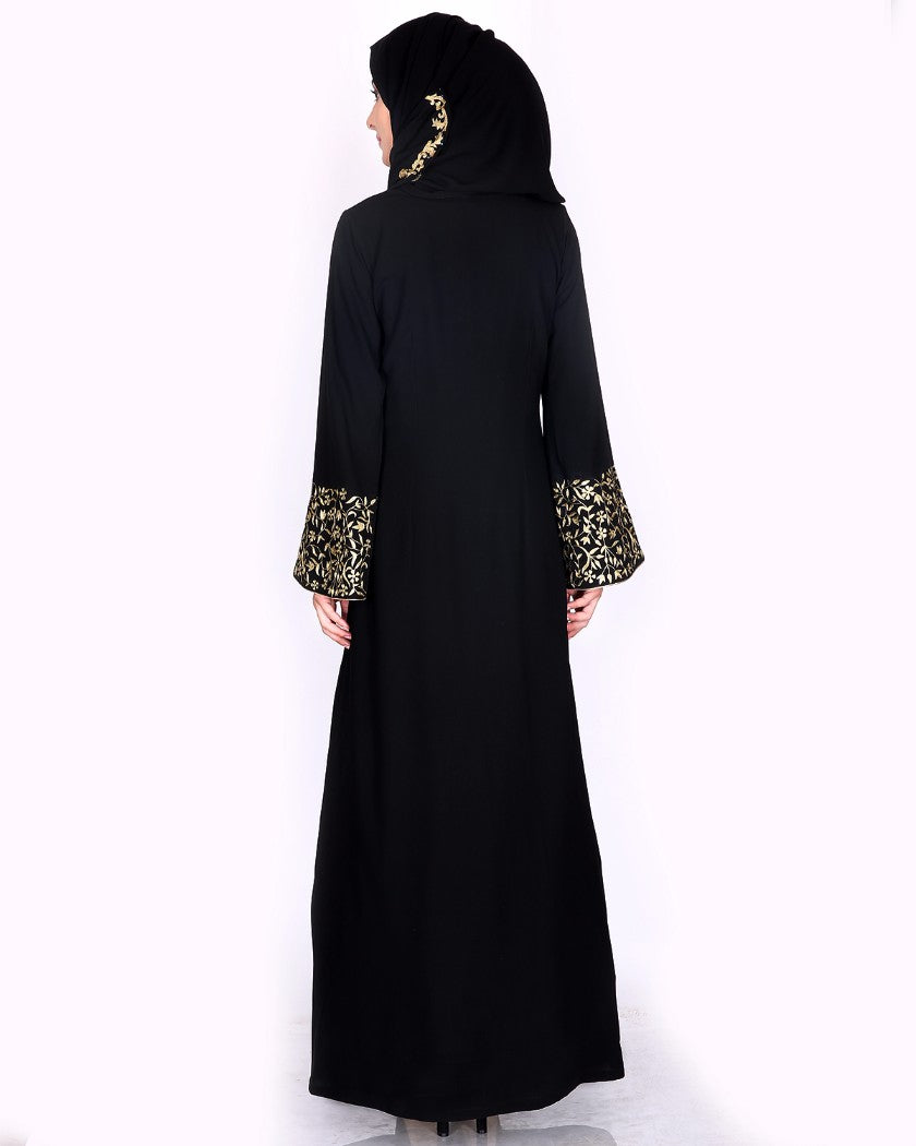 Black Abaya With Gold Zari Designer Embroidered Bell Sleeve