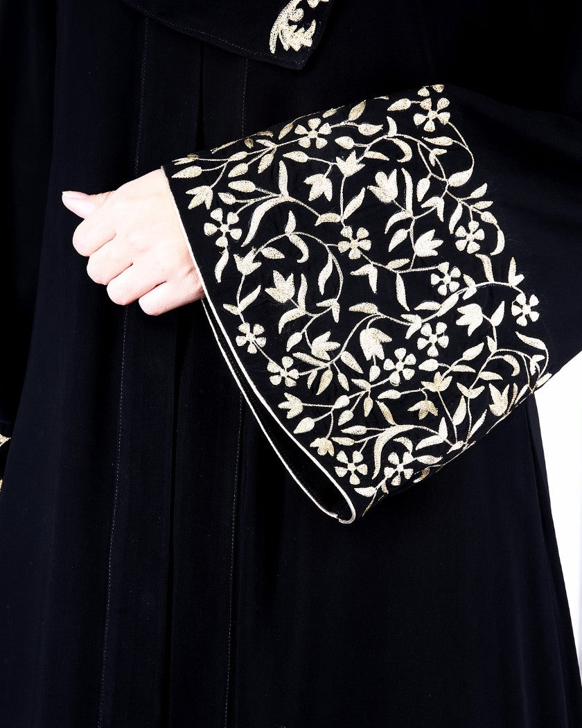 Black Abaya With Gold Zari Designer Embroidered Bell Sleeve