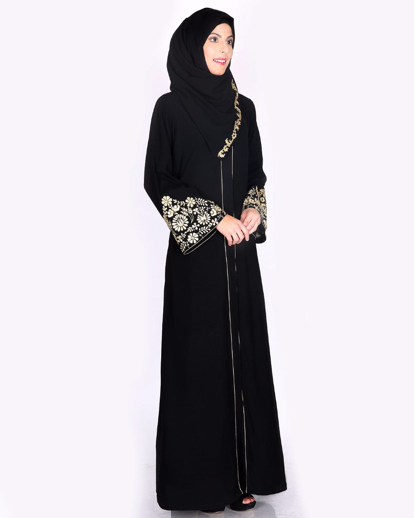 Black Abaya With Gold Zari Embroidered Bell Sleeve