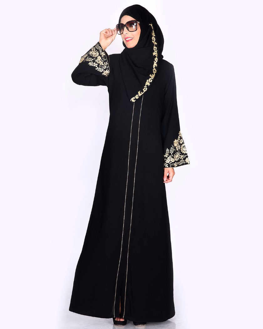 Black Abaya With Gold Zari Embroidered Bell Sleeve