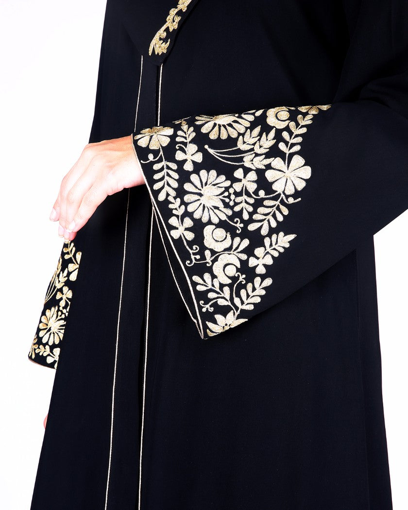 Black Abaya With Gold Zari Embroidered Bell Sleeve