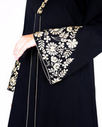 Black Abaya With Gold Zari Embroidered Bell Sleeve
