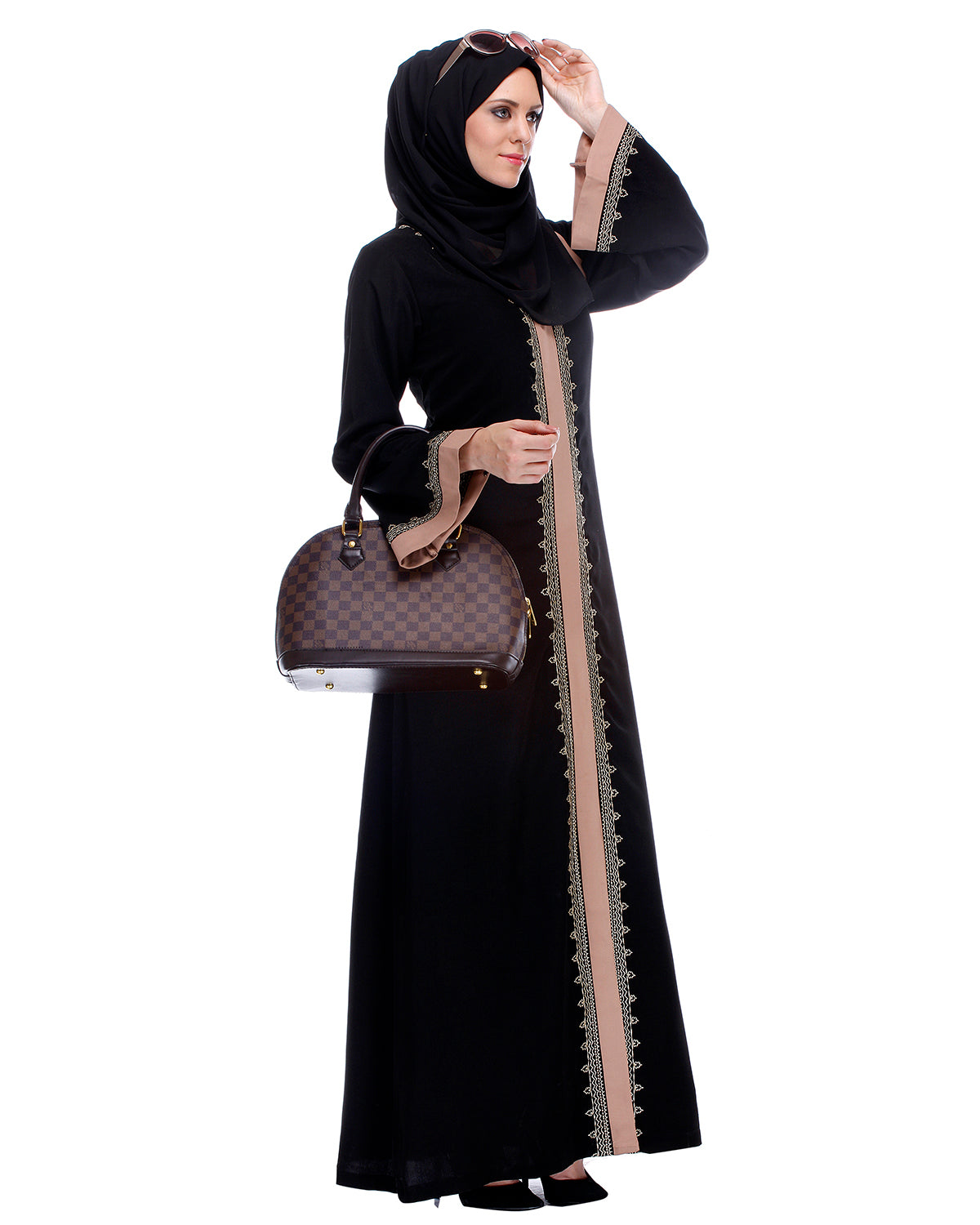 Black And Fawn Abaya With Gold Zari Embroidery