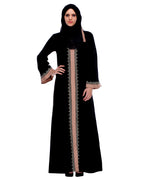 Black And Fawn Abaya With Gold Zari Embroidery