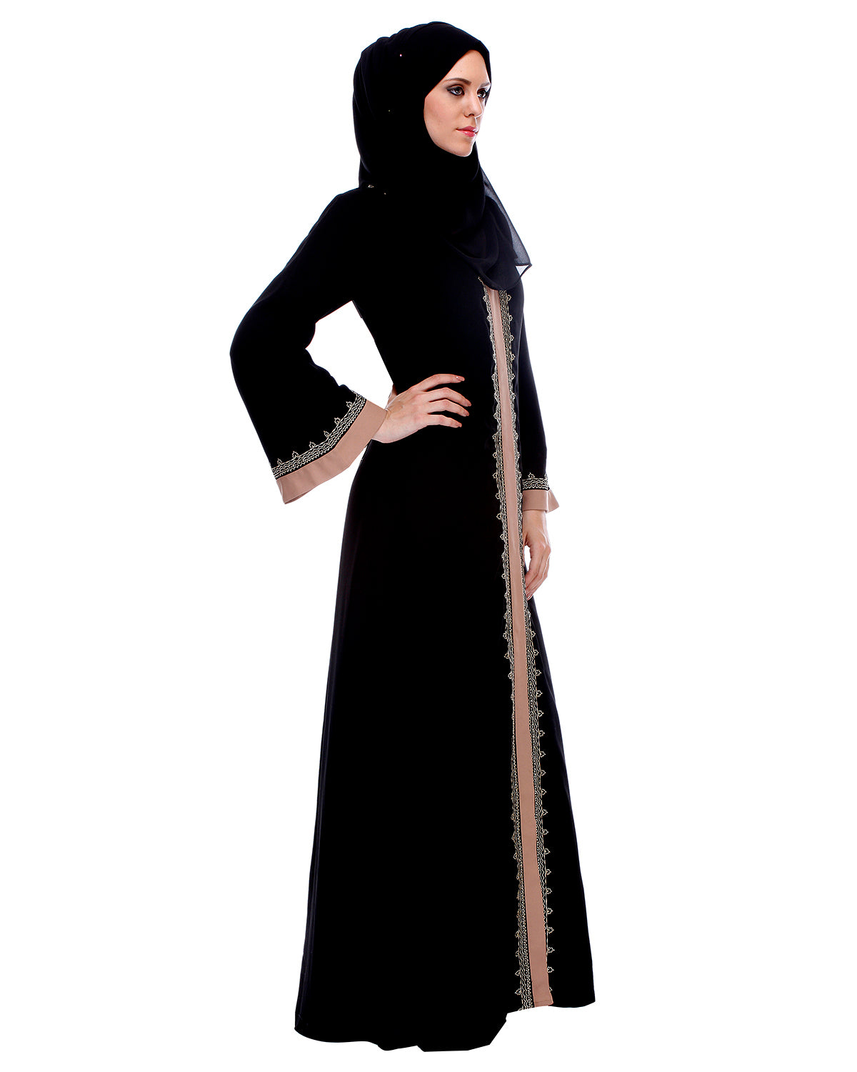 Black And Fawn Abaya With Gold Zari Embroidery