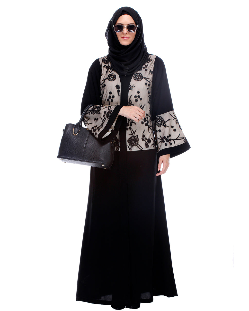 Black Abaya With Net Embroidered Sleeves