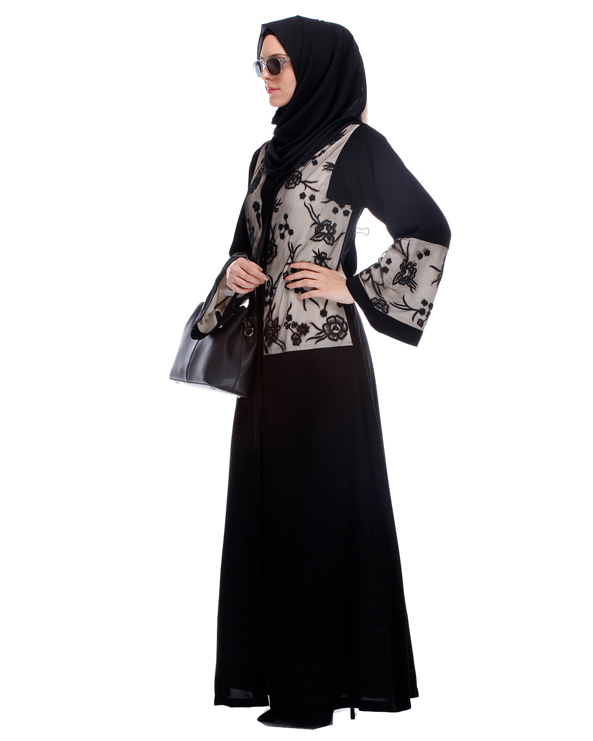 Black Abaya With Net Embroidered Sleeves