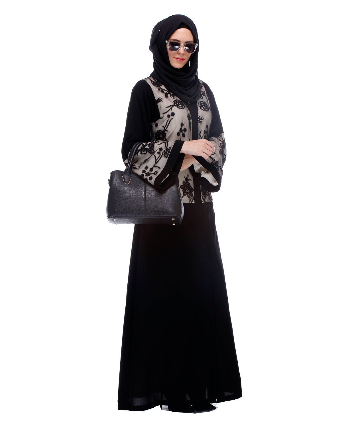 Black Abaya With Net Embroidered Sleeves