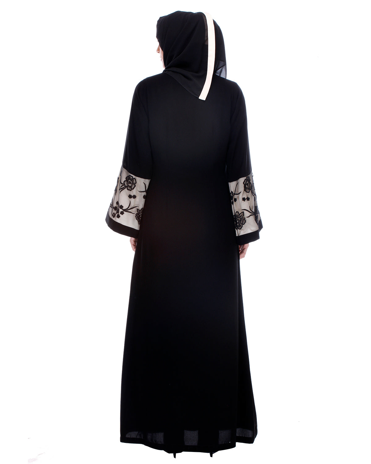 Black Abaya With Net Embroidered Sleeves