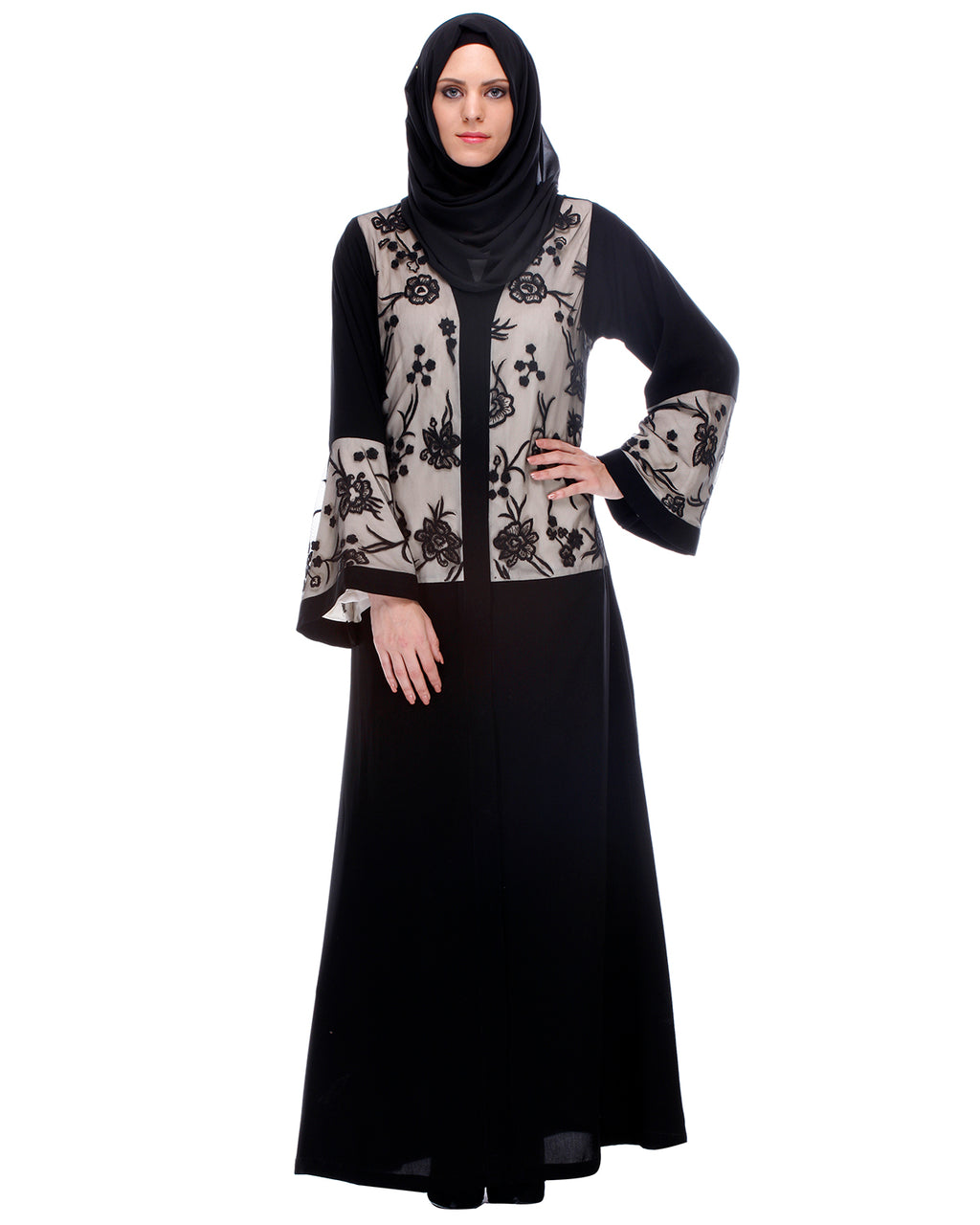 Black Abaya With Net Embroidered Sleeves