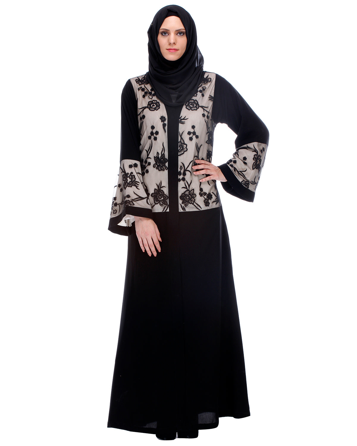 Black Abaya With Net Embroidered Sleeves