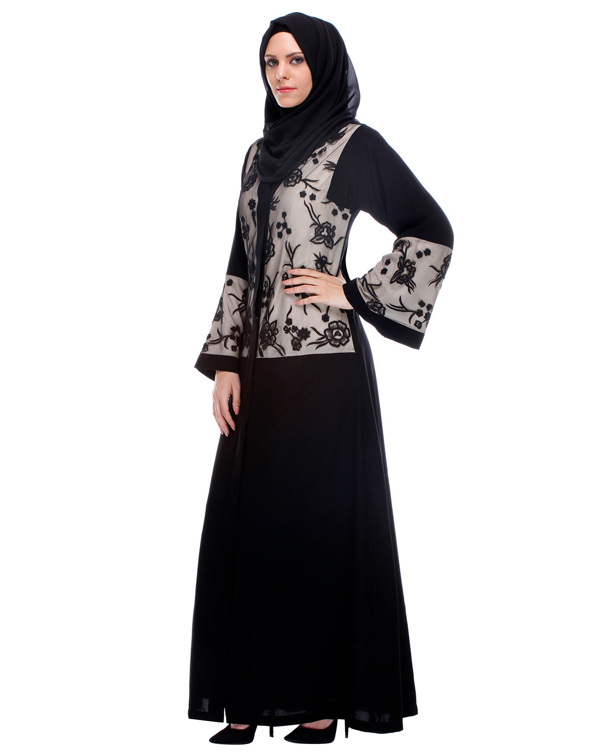 Black Abaya With Net Embroidered Sleeves