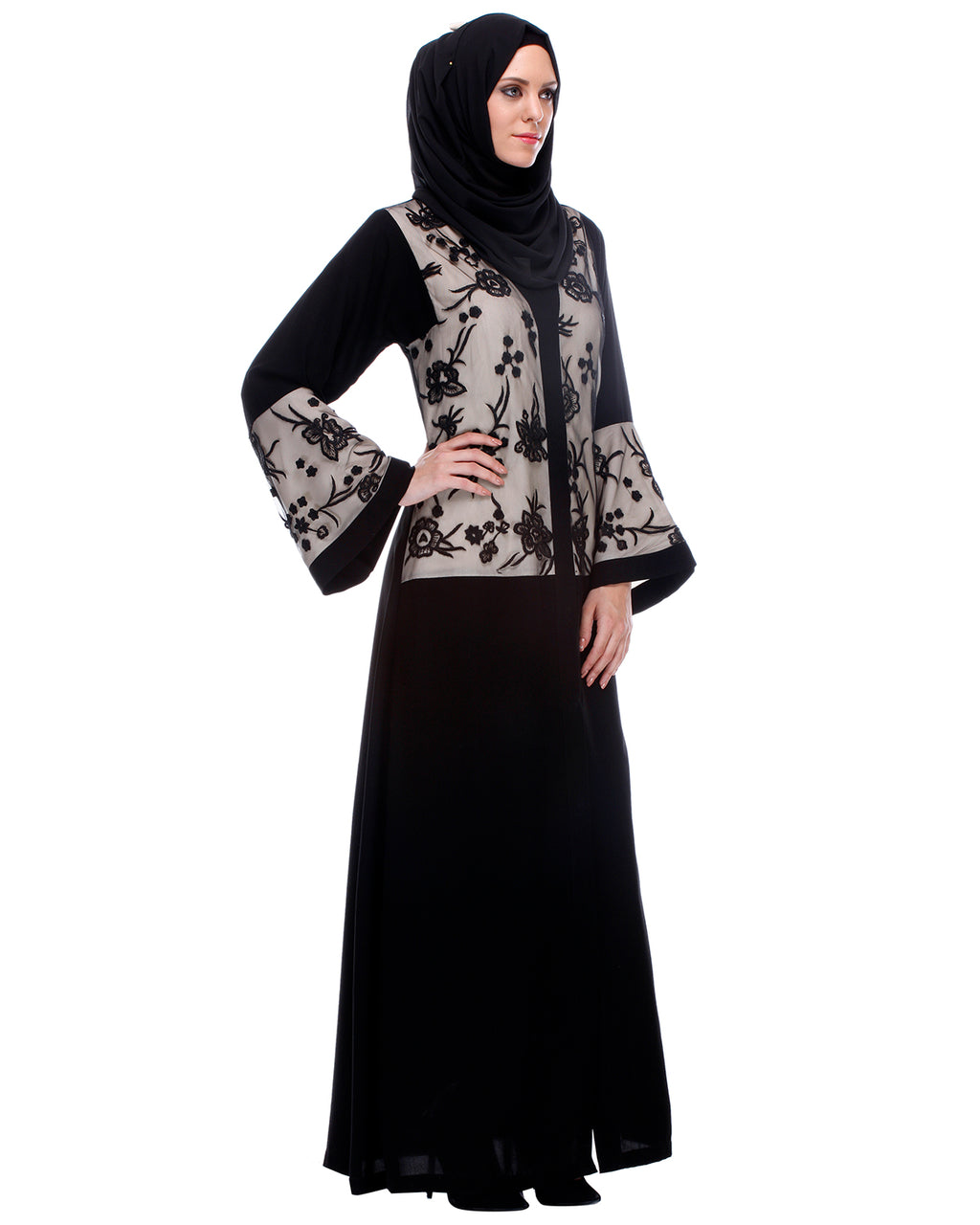 Black Abaya With Net Embroidered Sleeves
